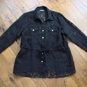 Addition Elle Black Lace Tunic Blouse Button Front Tie Waist Open Lace Size 16